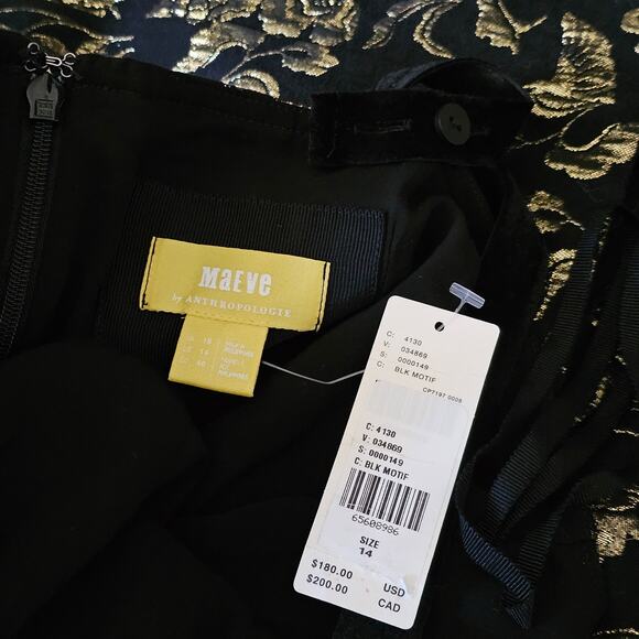 MAEVE Antropologie NWT Black & Gold Slim Jacquard Botanical Mini Dress Sz 14 - Picture 4 of 16